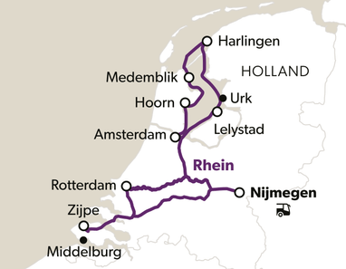 Karte der Niederlande mit markierten Reiseorten und Routen.