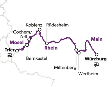 Karte der Flüsse Mosel, Rhein und Main mit Städtenamen.