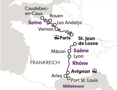 Karte von Frankreich mit markierter Reiseroute entlang der Seine, Saône und Rhône Flüsse.