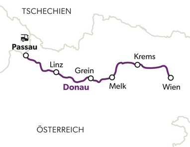 Karte der Donau von Passau nach Wien.