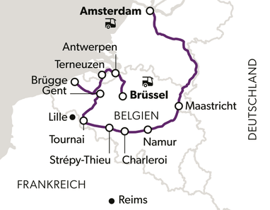 grand-tour-flandern-und-die-wallonie-7.jpg Karte mit Route von Amsterdam über Brüssel durch Belgien.