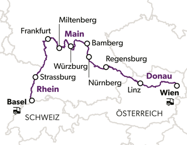 grand-tour-basel-wien-8.jpg Karte der Rhein-Main-Donau-Flussroute mit Städten.