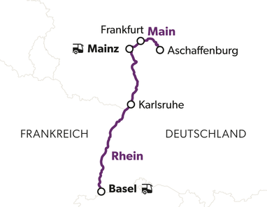 Karte der Strecke zwischen Basel und Frankfurt entlang des Rheins.