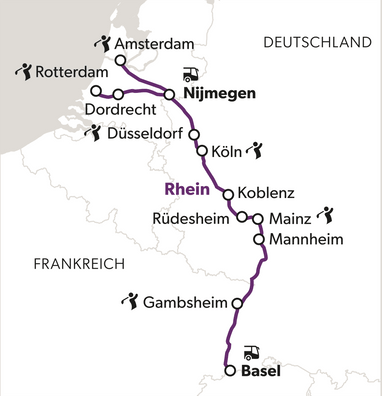 Karte mit Städten entlang des Rheins von Amsterdam bis Basel.