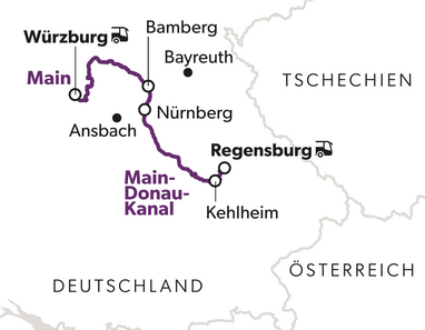 Karte mit Routenverlauf von Würzburg nach Regensburg durch Deutschland.