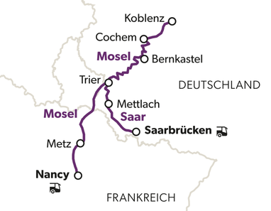 Karte der Bahnverbindung von Nancy nach Koblenz über Mosel und Saar.