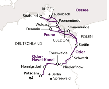 Karte der Zugstrecke von Potsdam über Rügen bis Stettin.