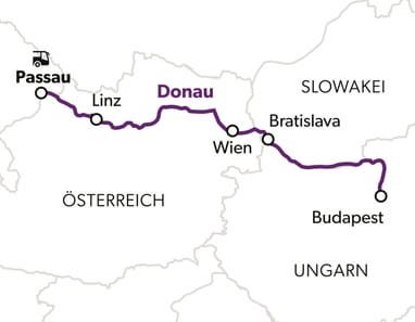 monarchie-nostalgie-und-moderne-7.jpg Karte mit einer Route von Passau nach Budapest durch Österreich, Slowakei und Ungarn.