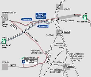 Karte mit Strassen und Wegbeschreibungen zum Reiseterminal Baden.
