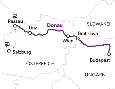 monarchie-nostalgie-und-moderne-5.png Karte mit Route von Passau nach Budapest entlang der Donau.
