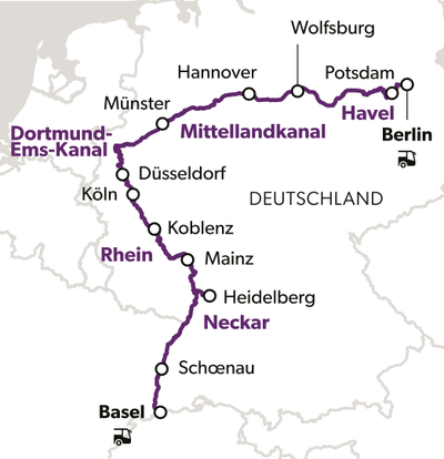 Karte der Wasserstrassen in Deutschland, markiert