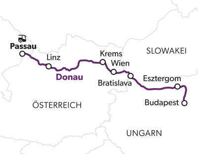 Karte der Donau von Passau nach Budapest.