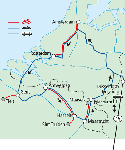 Karte mit Fahrrad- und Busrouten in Europa, einschliesslich Amsterdam, Rotterdam und Antwerpen.