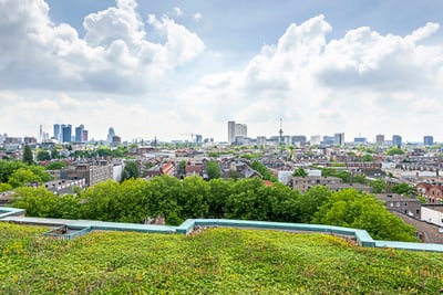 Stadtpanorama mit grüner Dachterrasse und Wolken am Himmel.