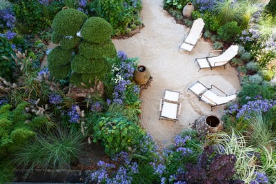 Garten mit Liegestühlen, Pflanzen und Sandboden.