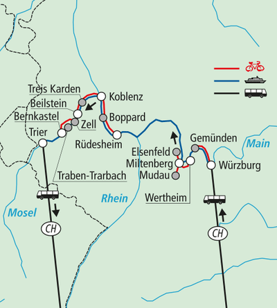 Karte von Fahrradrouten entlang der Mosel und Rhein mit Städtenamen.