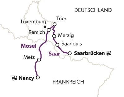 Karte mit eingezeichneten Verbindungen zwischen Städten in Deutschland und Frankreich.