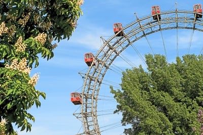 Riesenrad vor blauem Himmel und Bäumen.