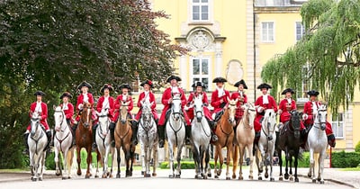 Gruppe von Reitern in roten Jacken auf einer Allee vor einem Gebäude.