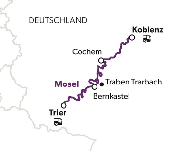 Karte von Deutschland mit einer markierten Route entlang der Mosel, die Städte wie Trier und Koblenz verbindet.