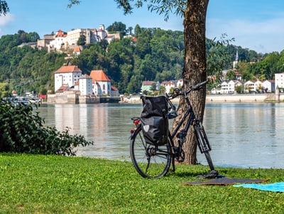 Fahrrad lehnt an einem Baum am Flussufer mit Burghügel im Hintergrund.