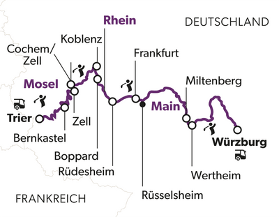 Flusskarte von Mosel und Main in Deutschland.