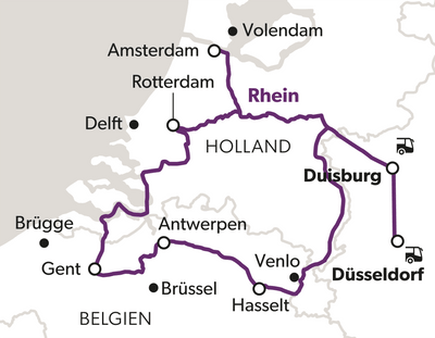 Karte mit Reiseroute durch Holland und Belgien, einschliesslich Städtenamen und Routenverlauf.