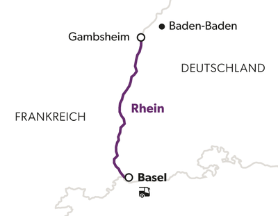 Karte der Route von Basel nach Baden-Baden entlang des Rheins.