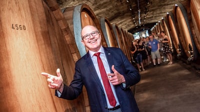 Mann in Anzug lächelt in einem Weinkeller mit grossen Fässern.
