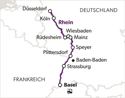 Karte mit Route entlang des Rheins von Düsseldorf nach Basel.
