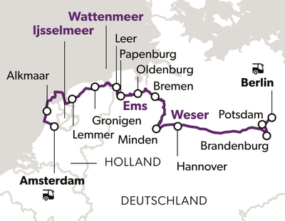 Karte mit Route von Amsterdam nach Berlin durch Deutschland.