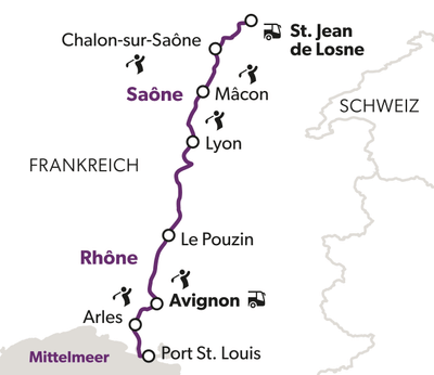 Karte der Route entlang der Saône und Rhône in Frankreich.