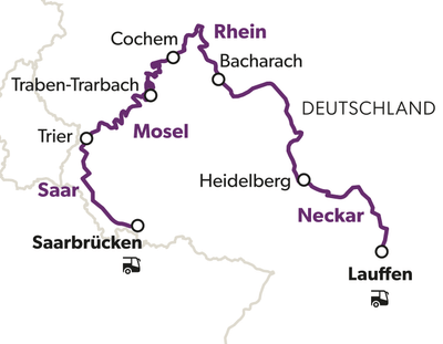 Karte mit Flüssen Mosel, Saar, Rhein und Neckar in Deutschland.