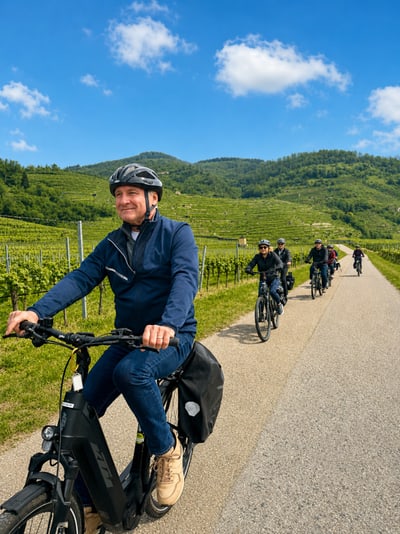 Mehrere Menschen fahren mit Fahrrädern auf einem Weg durch Weinberge.