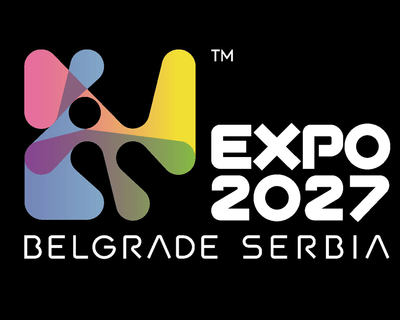 Buntes abstraktes Logo mit Text 'Expo 2027 Belgrade Serbia' auf schwarzem Hintergrund.