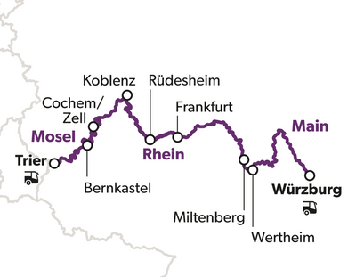 Karte der Rhein-Main-Mosel-Route mit Städten und Flüssen.