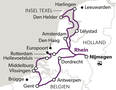 Karte der Niederlande und Belgiens mit Städten und Reiserouten.