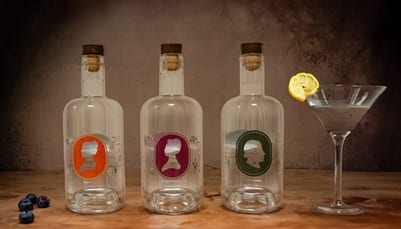 Drei Flaschen mit Silhouetten und Cocktailglas mit Zitronenscheibe.