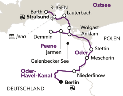 Karte zeigt Reiseroute von Stralsund nach Berlin durch Ostdeutschland und Polen.