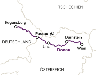Karte der Donau mit Verlauf von Regensburg über Passau, Linz, Dürnstein nach Wien.