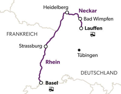 Karte des Neckar- und Rhein-Radwegs von Heidelberg nach Basel.