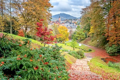 Herbstlandschaft mit Blick auf Stadt und Hügel im Hintergrund.