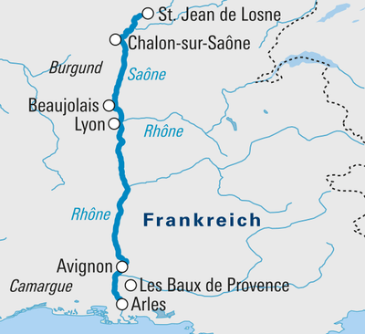 Karte von Frankreich mit markierten Orten entlang der Saône und Rhône.
