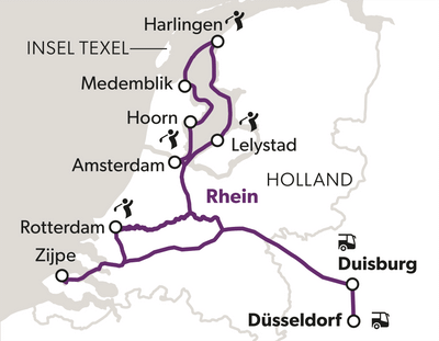 Karte der Niederlande und Deutschland mit markierten Städten und Routen.