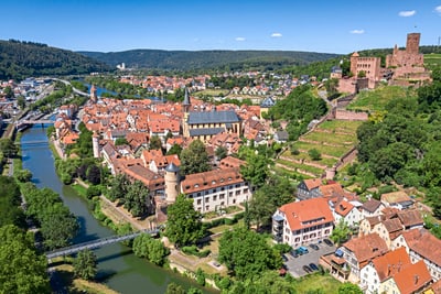 Luftbild einer Stadt mit Fluss, Burgruine und roten Dächern.