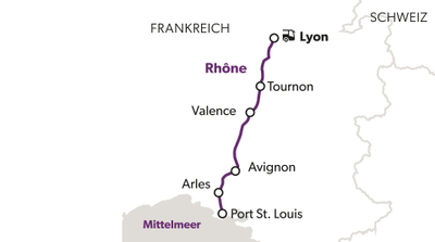 Flussverlauf der Rhône von Lyon zum Mittelmeer.