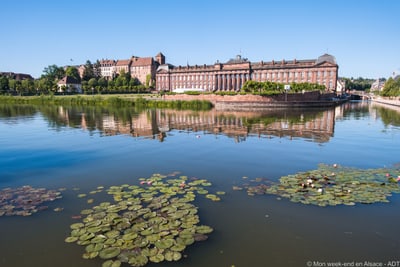 Gebäude am Ufer eines ruhigen Flusses mit Seerosen im Vordergrund.