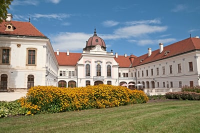 Historisches Gebäude mit roten Dächern und gelben Blumen im Vordergrund.