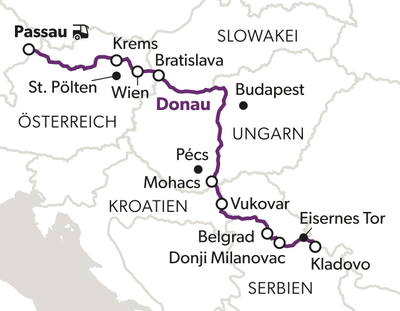 Karte mit einer Route entlang der Donau durch Österreich, Slowakei, Ungarn, Kroatien und Serbien.