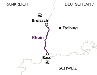 Karte mit Zugstrecke von Breisach nach Basel, über den Rhein.